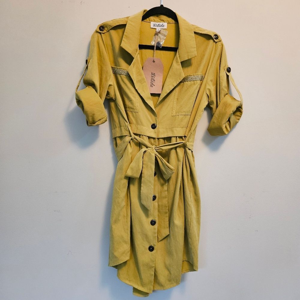 Listicle Jacket Dress Women Sz S Mustard Color Adjustable 3/4 length sleeves NWT